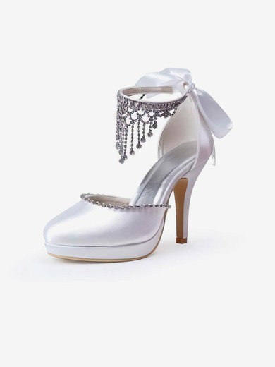 Women's Satin with Crystal Lace-up Stiletto Heel Pumps Closed Toe Platform #UKM03030016