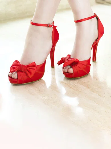 Women's Satin with Buckle Bowknot Stiletto Heel Pumps Peep Toe Platform #UKM03030045