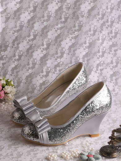 Women's Sparkling Glitter with Bowknot Wedge Heel Pumps Wedges #UKM03030058