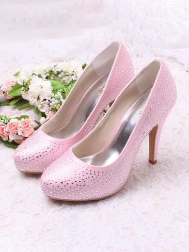 Women's Satin with Rhinestone Stiletto Heel Pumps Closed Toe #UKM03030073