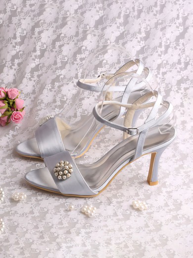Women's Satin with Imitation Pearl Stiletto Heel Pumps Sandals Slingbacks #UKM03030079