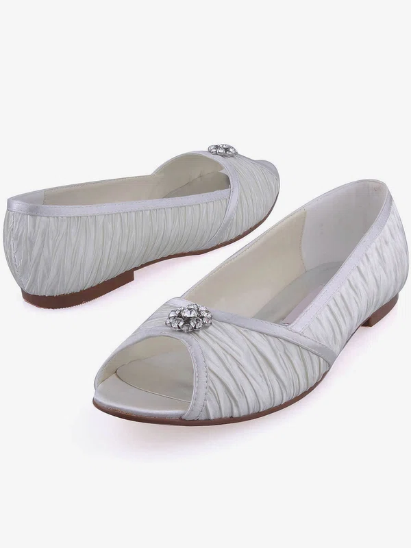 Women's Satin with Crystal Ruffles Flat Heel Peep Toe Flats #UKM03030105