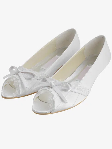 Women's Satin with Bowknot Stitching Lace Low Heel Pumps Peep Toe #UKM03030111