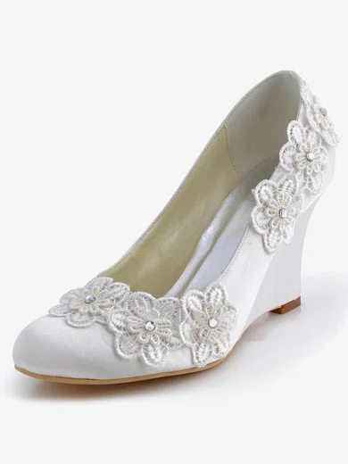 Women's Satin with Flower Wedge Heel Closed Toe Wedges #UKM03030119