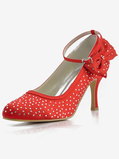 Women's Satin with Buckle Bowknot Crystal Stiletto Heel Pumps Closed Toe #UKM03030131
