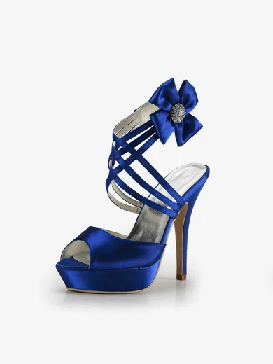 Women's Satin with Bowknot Ribbon Tie Crystal Stiletto Heel Sandals Peep Toe Platform Slingbacks #UKM03030170