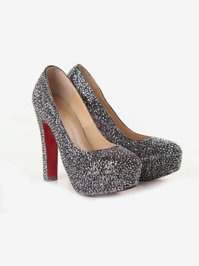 Women's Black Suede Pumps/Closed Toe/Platform with Sequin/Crystal #UKM03030188