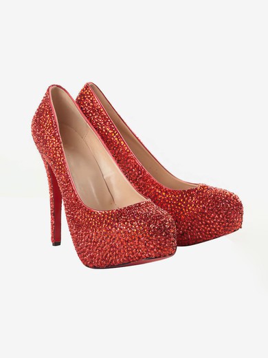 Women's Red Suede Pumps/Closed Toe/Platform with Crystal #UKM03030198