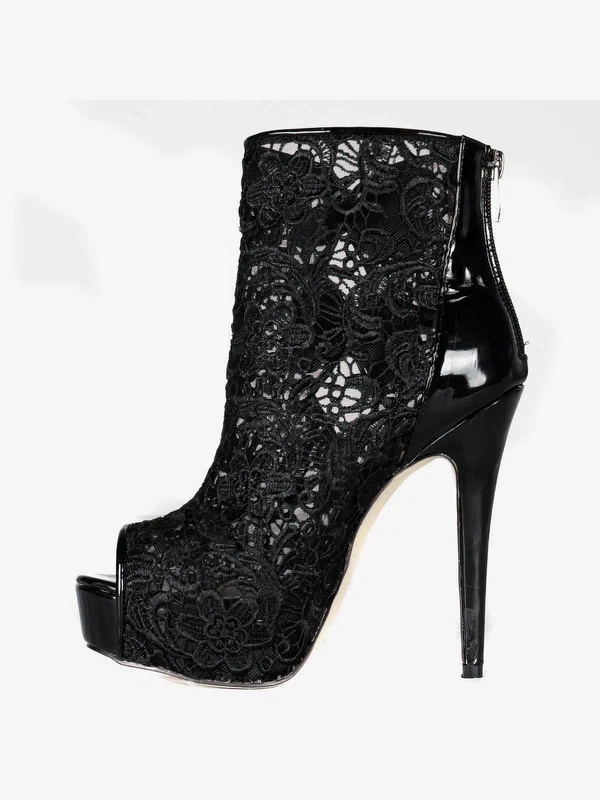 Women's Black Lace Peep Toe/Boots with Bowknot #UKM03030235