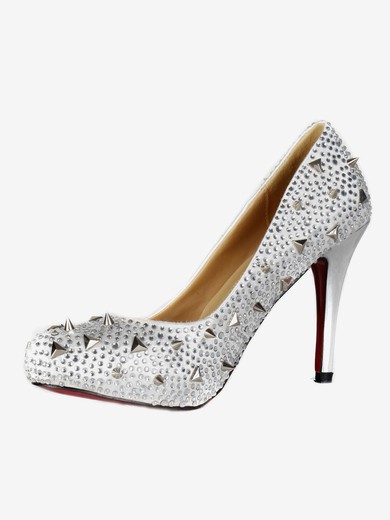 Women's Silver Satin Pumps/Closed Toe/Platform with Crystal #UKM03030236