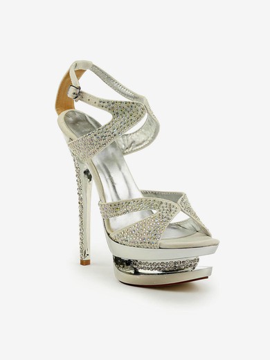 Women's Silver Suede Sandals/Peep Toe/Platform with Buckle/Crystal/Crystal Heel #UKM03030237