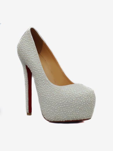 Women's White Suede Pumps/Closed Toe/Platform with Imitation Pearl #UKM03030238
