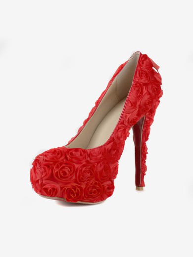 Women's Red Suede Pumps/Closed Toe/Platform with Satin Flower #UKM03030240