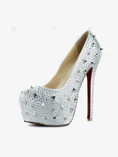 Women's Silver Satin Pumps/Closed Toe/Platform with Crystal Heel/Crystal #UKM03030242