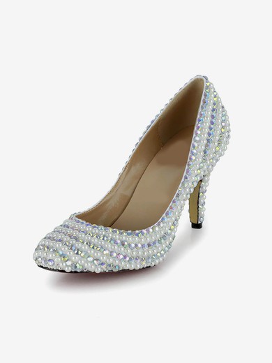 Women's White Patent Leather Pumps/Closed Toe with Imitation Pearl/Crystal/Crystal Heel #UKM03030255