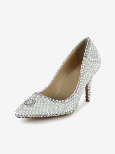 Women's White Patent Leather Closed Toe/Pumps with Crystal/Pearl #UKM03030258