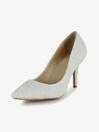 Women's White Patent Leather Pumps/Closed Toe with Pearl #UKM03030259