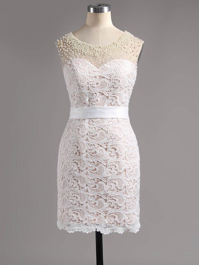 Open Back Sheath/Column Scoop Neck Lace Satin Short/Mini Pearl Detailing Short Prom Dresses #UKM020100669