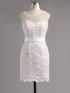 Open Back Sheath/Column Scoop Neck Lace Satin Short/Mini Pearl Detailing Short Prom Dresses #UKM020100669