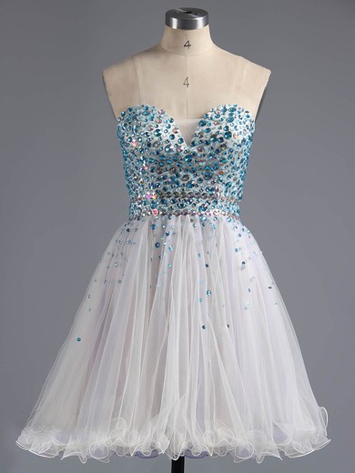 A-line Sweetheart Tulle Crystal Detailing Short/Mini Sparkly Short Prom Dresses #UKM020100672