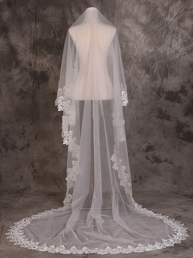 One-tier Ivory Cathedral Bridal Veils with Applique #UKM03010070