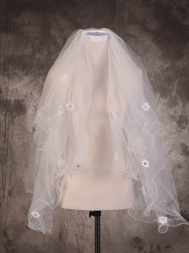 Two-tier Ivory Fingertip Bridal Veils with Rhinestones/Satin Flower #UKM03010072