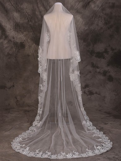 One-tier Ivory Cathedral Bridal Veils with Applique #UKM03010081