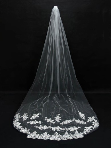 One-tier White/Ivory Cathedral Bridal Veils with Applique #UKM03010090