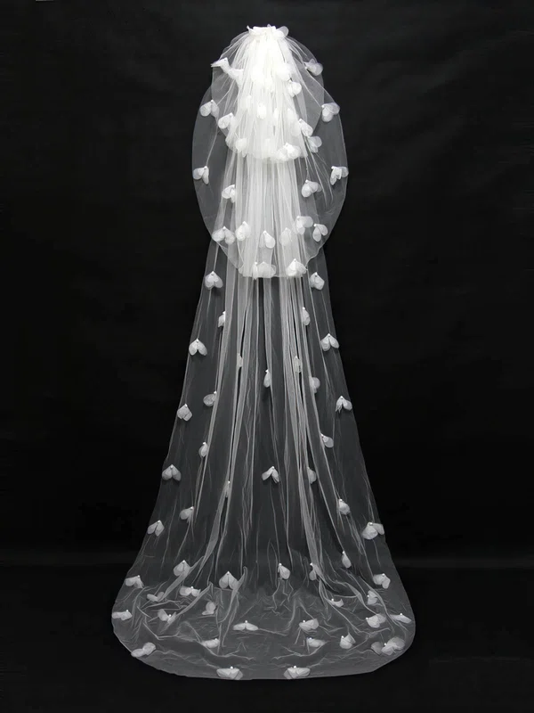 Three-tier Ivory Chapel Bridal Veils with Faux Pearl/Satin Flower #UKM03010091