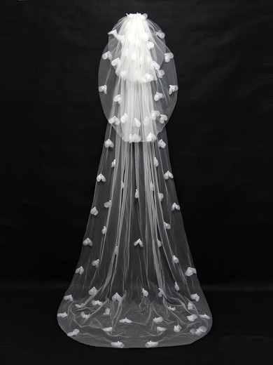 Three-tier Ivory Chapel Bridal Veils with Faux Pearl/Satin Flower #UKM03010091