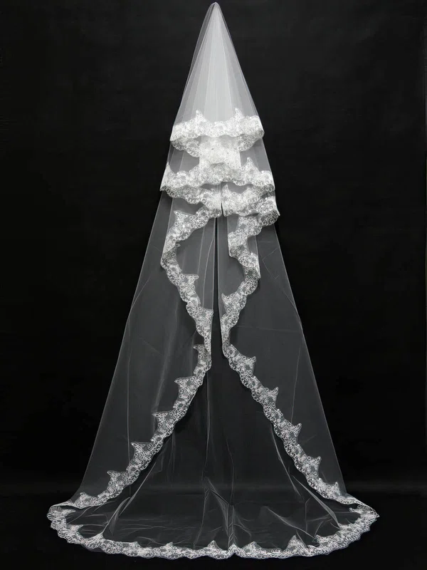 Three-tier Ivory Chapel Bridal Veils with Beading #UKM03010092