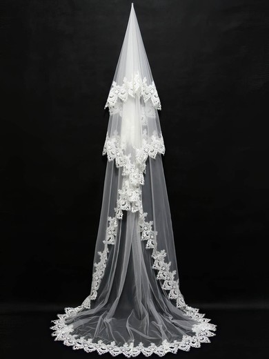 Three-tier Ivory Chapel Bridal Veils with Applique #UKM03010093