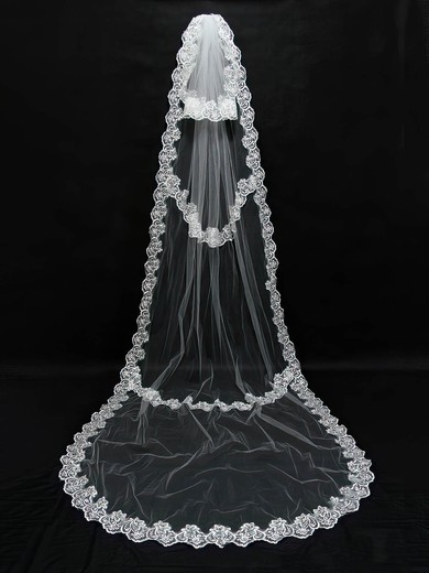 Two-tier Ivory/White Cathedral Bridal Veils with Applique #UKM03010098