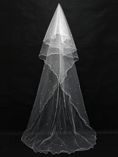 One-tier White/Ivory Chapel Bridal Veils with Faux Pearl #UKM03010109