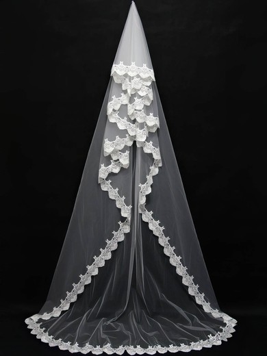 One-tier White/Ivory Chapel Bridal Veils with Lace #UKM03010110