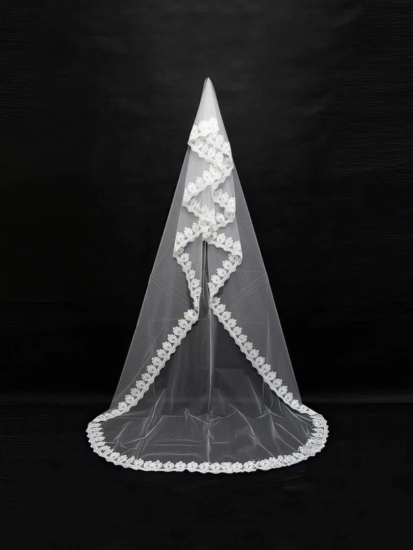 One-tier White/Ivory Chapel Bridal Veils with Lace #UKM03010121