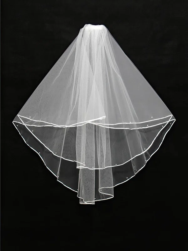 Two-tier White/Ivory Elbow Bridal Veils with Ribbon/Faux Pearl #UKM03010130