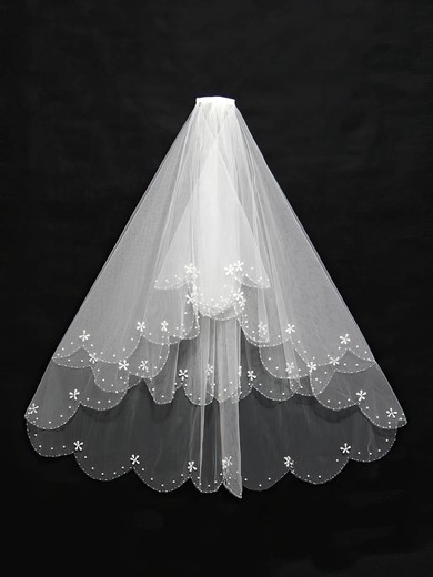 Two-tier White/Ivory Elbow Bridal Veils with Faux Pearl/Beading #UKM03010132