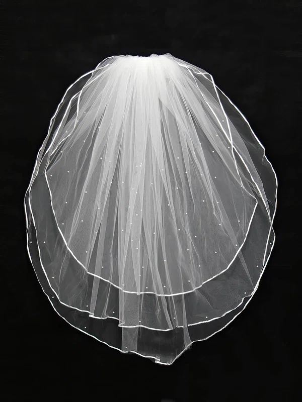 Three-tier White/Ivory Shoulder Veils with Faux Pearl #UKM03010136