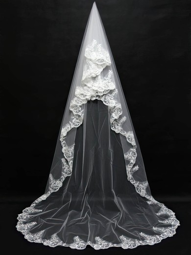 Two-tier White Chapel Bridal Veils with Embroidery #UKM03010142