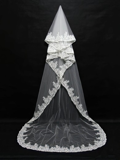 Four-tier White/Ivory Chapel Bridal Veils with Applique #UKM03010143