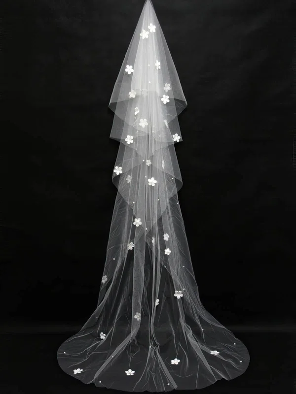 Four-tier White Chapel Bridal Veils with Satin Flower/Faux Pearl #UKM03010146