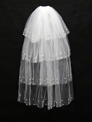 Four-tier White Fingertip Bridal Veils with Faux Pearl #UKM03010147