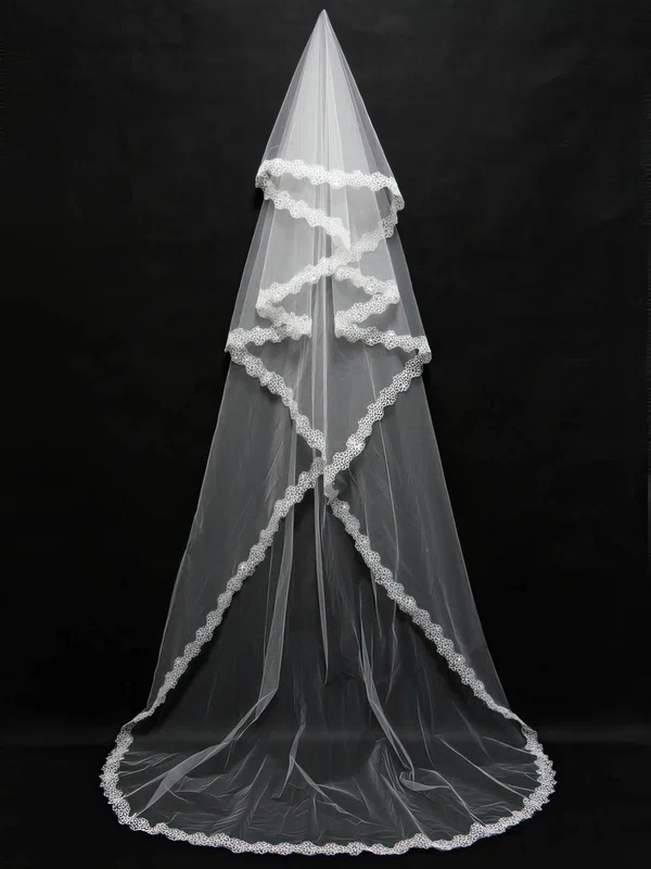 Four-tier White Chapel Bridal Veils with Beading/Applique #UKM03010148