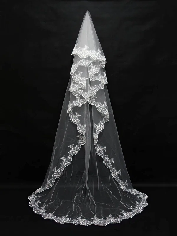 Four-tier White/Ivory Chapel Bridal Veils with Embroidery #UKM03010149