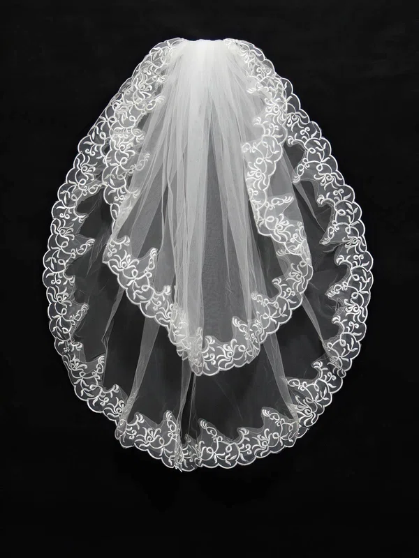 Two-tier White/Ivory Elbow Bridal Veils with Embroidery #UKM03010150