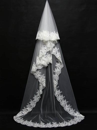 Three-tier White/Ivory Chapel Bridal Veils with Embroidery #UKM03010151
