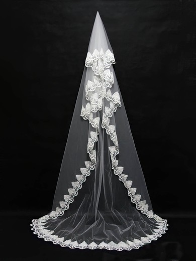 Four-tier White/Ivory Chapel Bridal Veils with Applique #UKM03010152