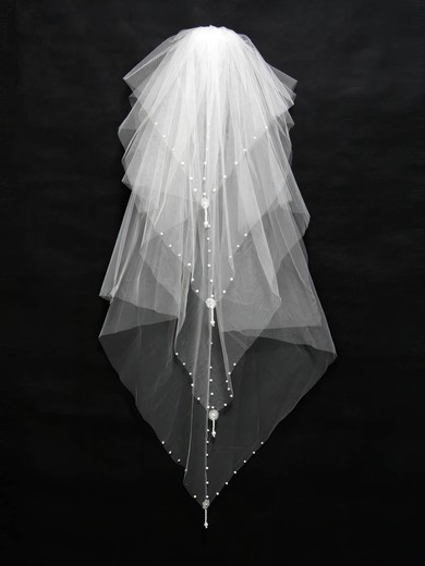Four-tier White Fingertip Bridal Veils with Sequin/Faux Pearl #UKM03010156