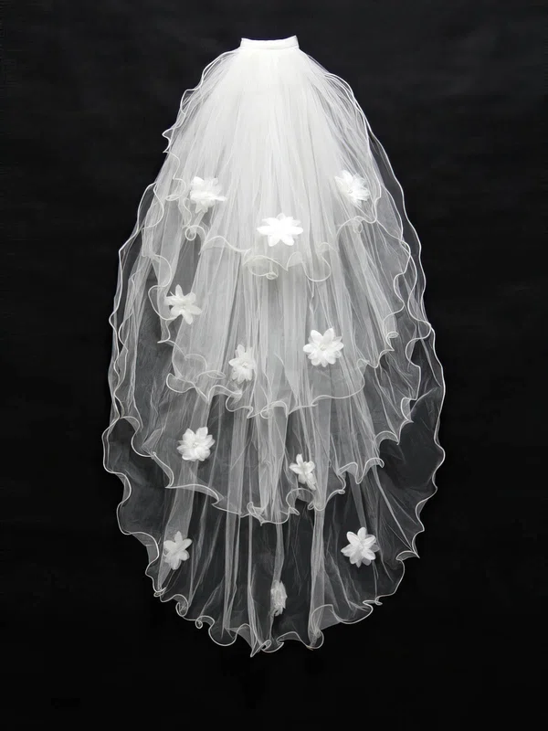 Four-tier White/Ivory Fingertip Bridal Veils with Faux Pearl/Satin Flower/Bone Binding #UKM03010160
